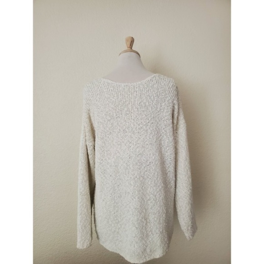 Vintage Cream Textured Cotton Knit Sweater Boat Neck Ivory Oversized Tunic Top M